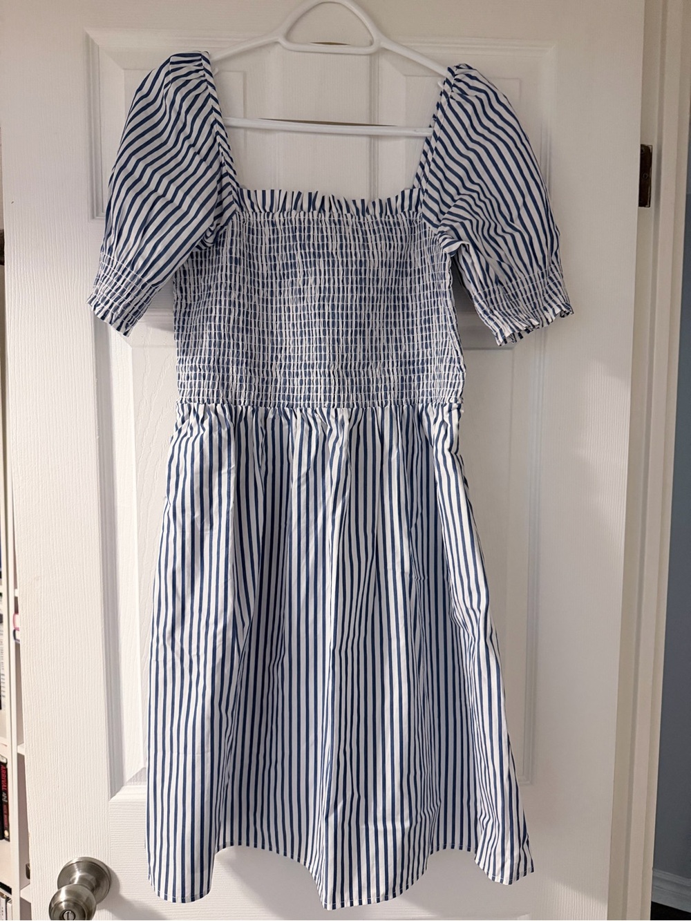 Draper James Navy and White Vertical Stripe Smocked Puff Sleeve Dress